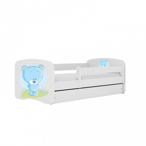 Bērnu gulta balta Blue Bear ar atvilktni un matraci 140x70
