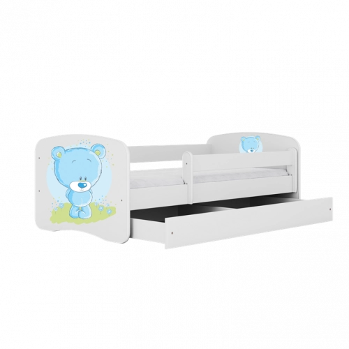 Bērnu gulta balta Blue Bear ar atvilktni un matraci 140x70