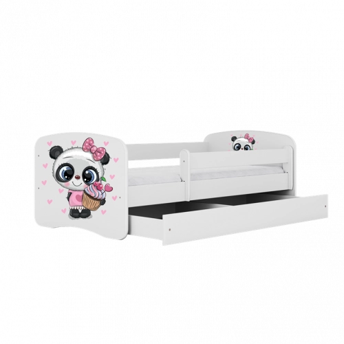 Bērnu balta gulta Panda ar atvilktni un matraci 160x80