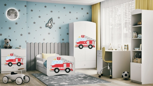 Bērnu gulta balta Fire Truck ar atvilktni un matraci 140x70