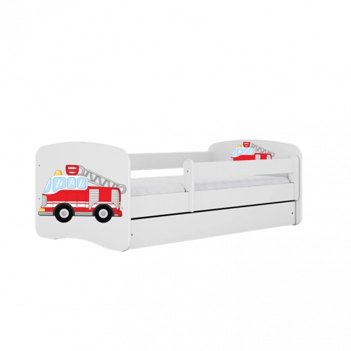 Bērnu gulta balta Firetruck ar atvilktni un lateksa matraci 160x80