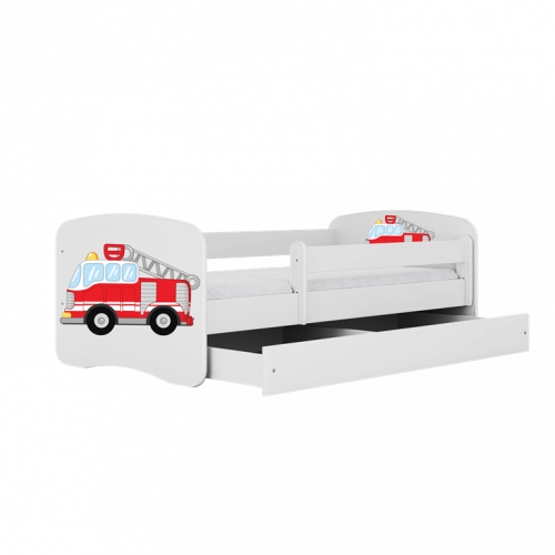 Bērnu gulta balta Firetruck ar atvilktni un lateksa matraci 160x80