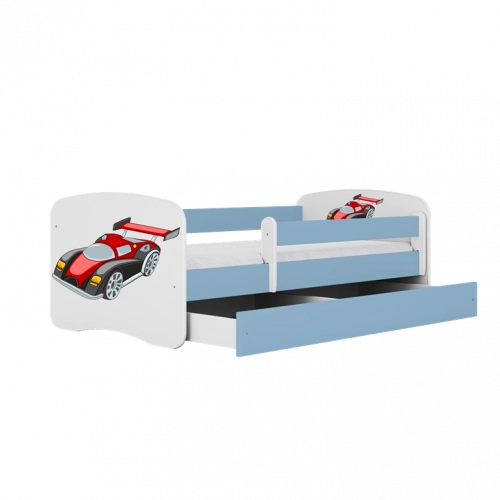 Bērnu gulta zila Racing Car bez atvilktnes un lateksa matraci 160x80