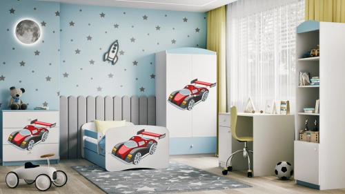 Bērnu gulta zila Racing Car bez atvilktnes un lateksa matraci 160x80