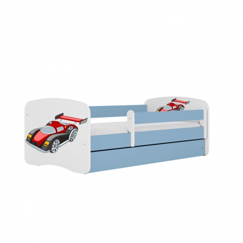 Детская кровать синяя Racing Car с ящиком и латексным матрасом 140x70