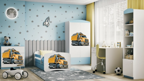 Bērnu gulta zila Truck ar atvilktni un lateksa matraci 140x70