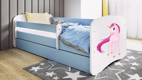 Детская кровать синяя Unicorn с ящиком и латексным матрасом 140x70