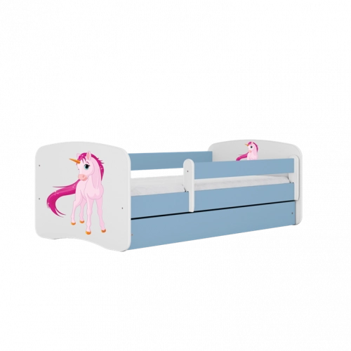 Bērnu gulta zila Unicorn ar atvilktni un matraci 160x80