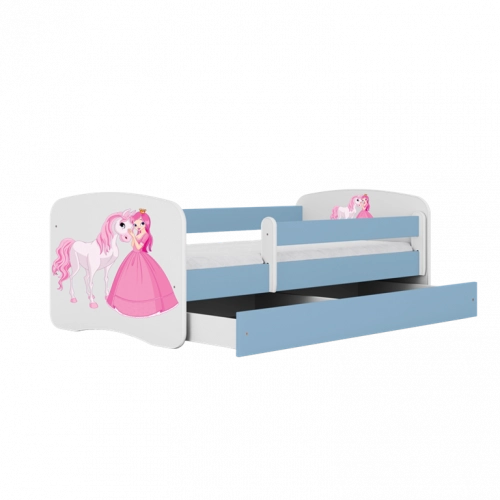 Детская кровать синяя Princess Pony с ящиком и матрасом 160x80