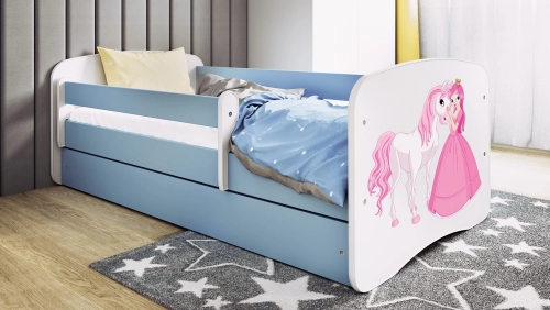 Детская кровать синяя Princess Pony с ящиком и матрасом 160x80