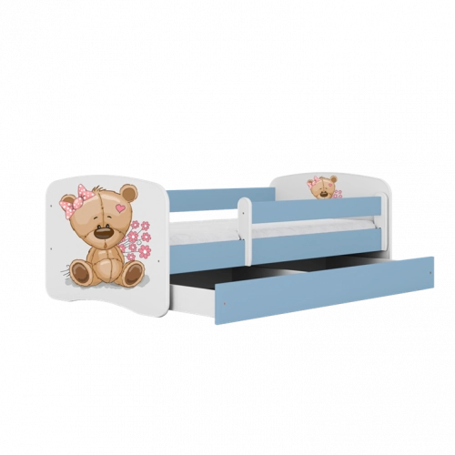 Łóżko babydreams niebieskie miś kwiatki bez szuflady materac 140/70