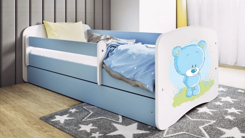 Bērnu gulta zila Blue Bear ar atvilktni un lateksa matraci 140x70