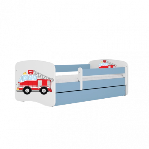 Bērnu gulta zila Fire Truck bez atvilktnes un lateksa matraci 160x80