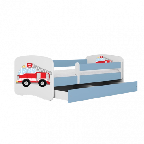 Bērnu gulta zila Firetruck ar atvilktni un lateksa matraci 140x70