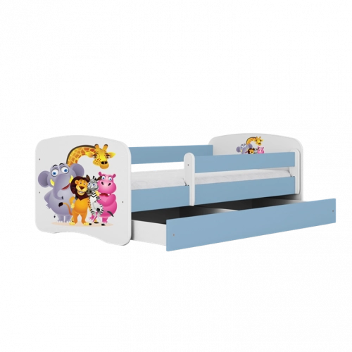 Детская кровать синяя Zoo с ящиком и матрасом 160x80