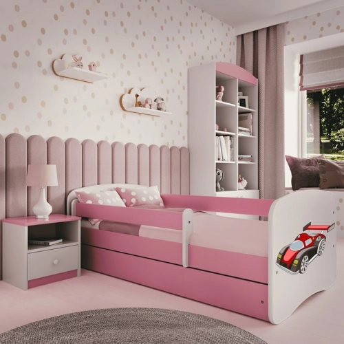Детская кровать Pink Racing Car без выдвижного ящика с матрасом 140x70