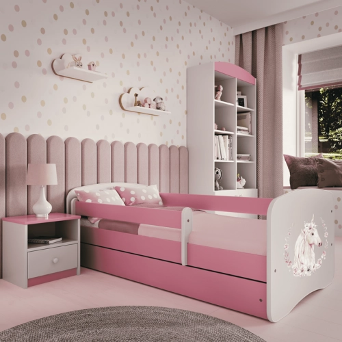 Łóżko babydreams różowe konik z szufladą materac 180/80