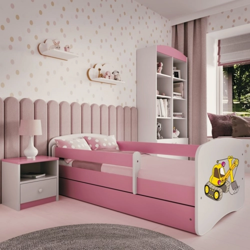 Łóżko babydreams różowe koparka z szufladą materac 140/70