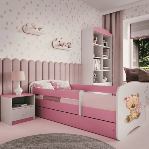 Bērnu gulta Pink Bear with Flowers bez izvelkamās atvilktnes ar matraci 140x70