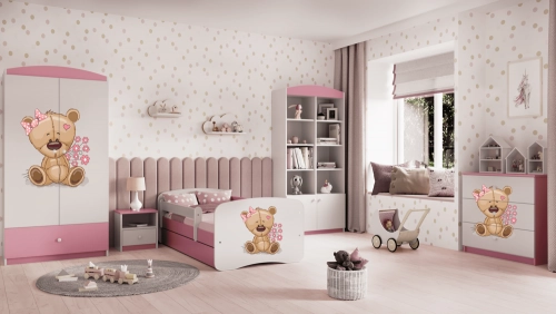 Детская кровать Pink Bear with Flowers с ящиком с матрасом 160/80