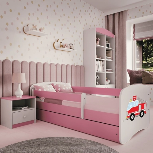 Łóżko babydreams różowe straż pożarna z szufladą materac 140/70