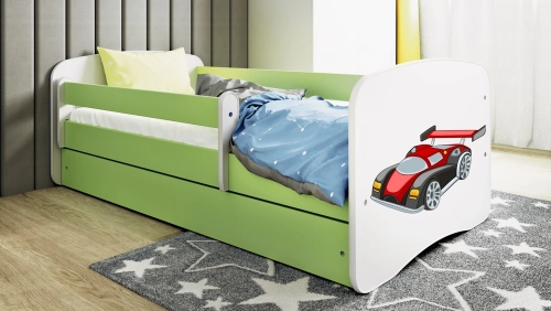 Łóżko babydreams zielone auto wyścigowe z szufladą materac 180/80