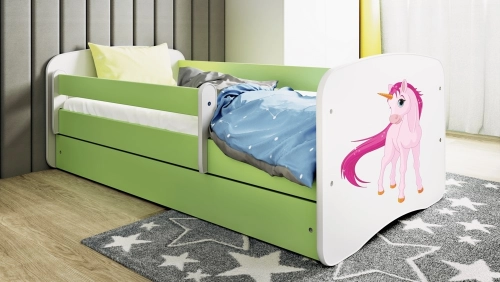 Łóżko babydreams zielone jednorożec z szufladą materac 140/70