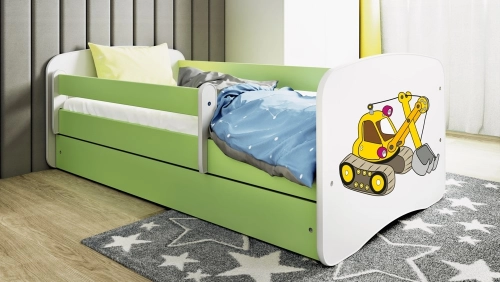 Łóżko babydreams zielone koparka z szufladą materac 160/80