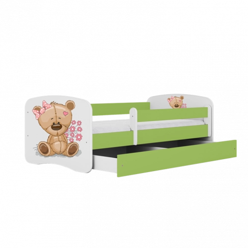 Łóżko babydreams zielone miś kwiatki bez szuflady materac 140/70