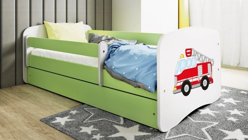 Łóżko babydreams zielone straż pożarna z szufladą materac 140/70