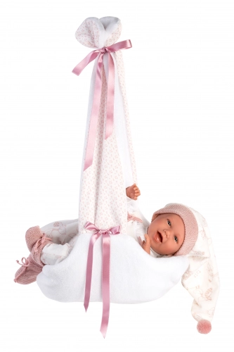 Lelle zīdainis Mimi 42 cm (pārnes. soma ar stārķi, smejas, runā, ar mānekli, mīkstais ķermenis) Spānija LL74006