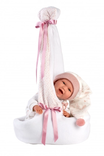 Lelle zīdainis Mimi 42 cm (pārnes. soma ar stārķi, smejas, runā, ar mānekli, mīkstais ķermenis) Spānija LL74006