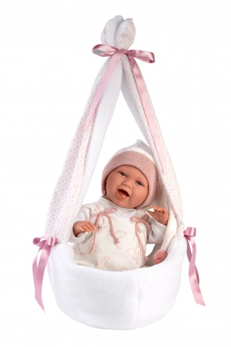 Lelle zīdainis Mimi 42 cm (pārnes. soma ar stārķi, smejas, runā, ar mānekli, mīkstais ķermenis) Spānija LL74006