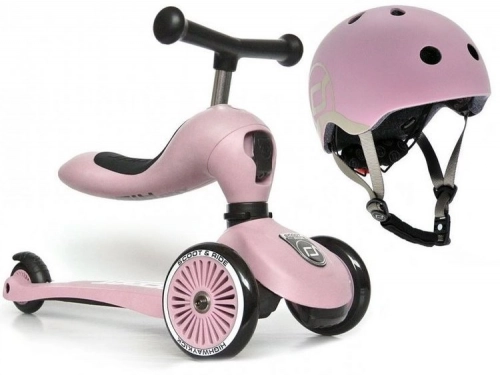 Bērnu skrejritenis ar sēdekli Scootandride Highwaykick 2in1 + regulējama ķivere bērniem (45-51) Rose