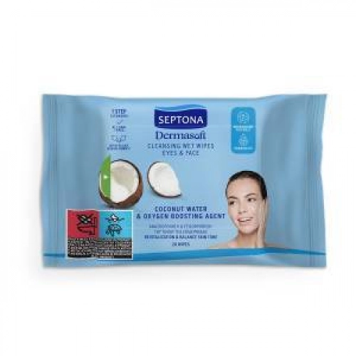 Septona Dermasoft Oczyszczające Chusteczki Nawilżane z Wodą Kokosową Do Twarzy i Oczu 20szt.