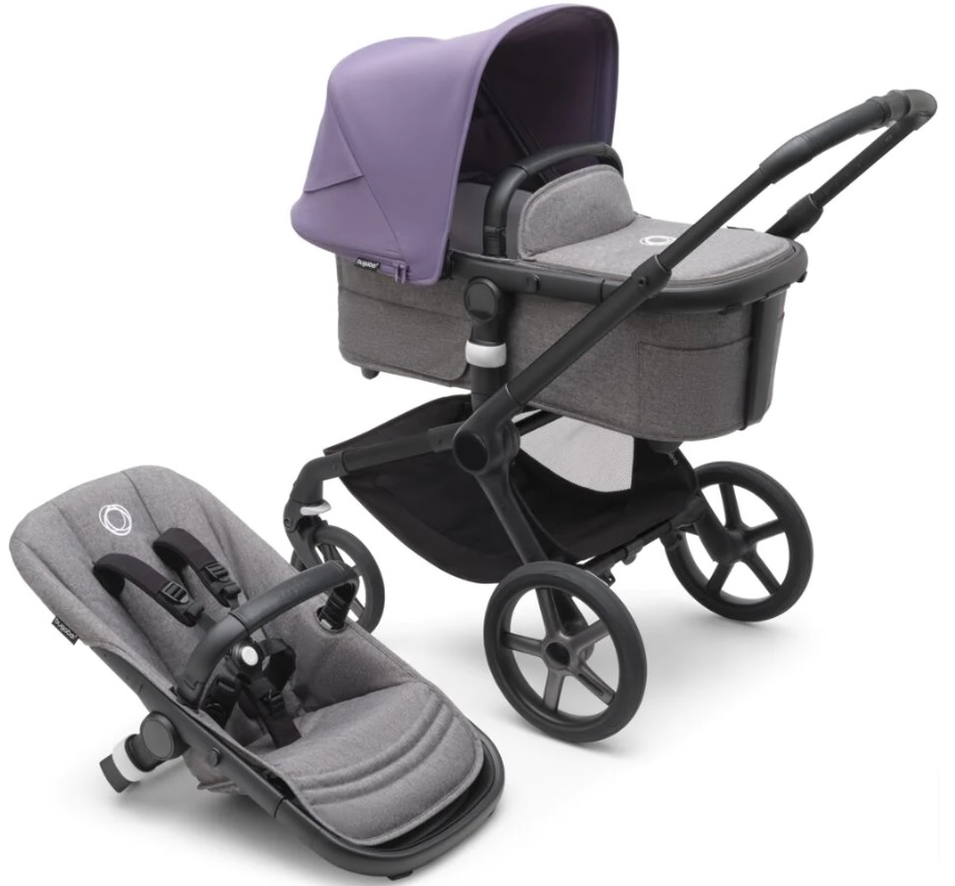 Bugaboo Fox 5 Grey Melange Bērnu rati 2in1 Black Rāmis + Jumts Astro Purple