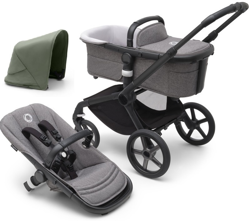 Bugaboo Fox 5 Grey Melange Bērnu rati 2in1 Black Rāmis + Jumts Forest Green