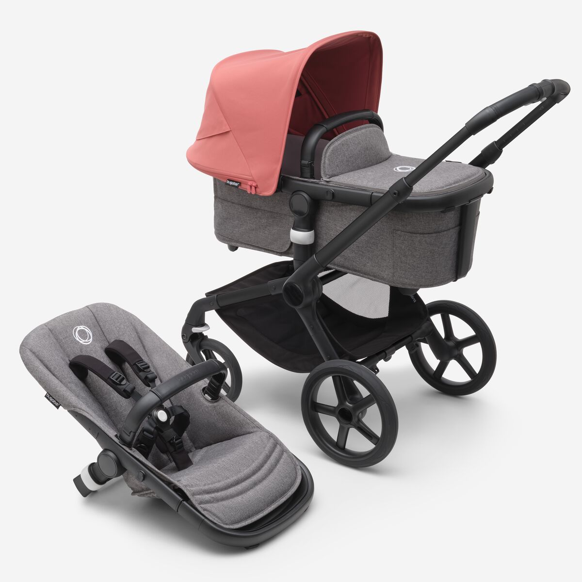 Bugaboo Fox 5 Grey Melange Bērnu rati 2in1 Black Rāmis + Jumts Sunrise Red