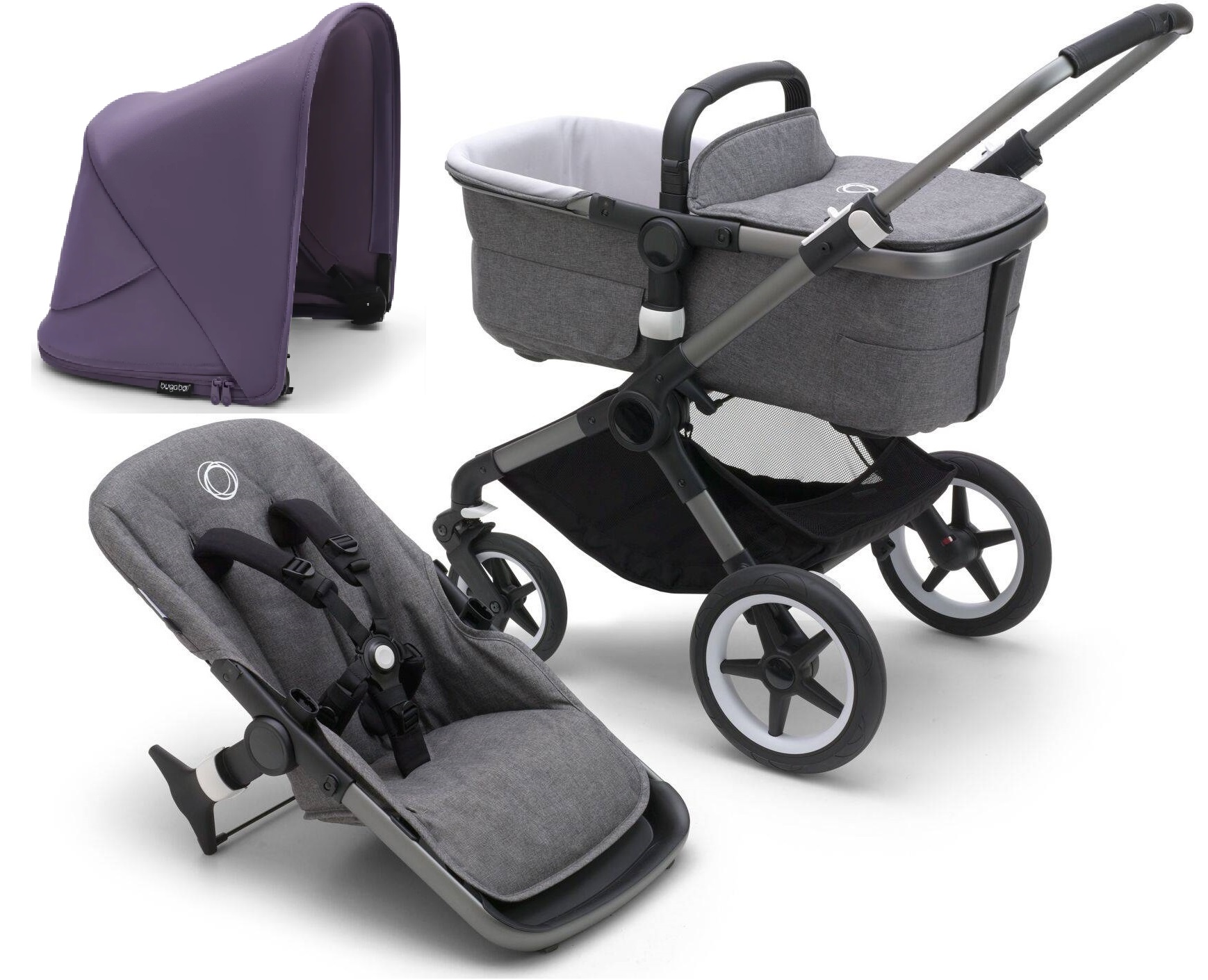 Bugaboo Fox 5 Grey Melange Bērnu rati 2in1 Grafīta rāmis + Jumts Astro Purple