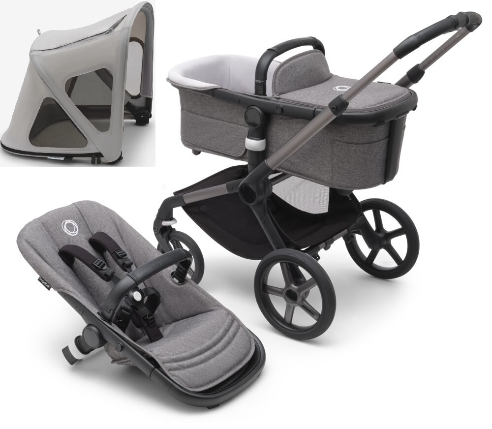 Bugaboo Fox 5 Grey Melange Bērnu rati 2in1 Grafīta rāmis + Jumts Breezy Misty Grey