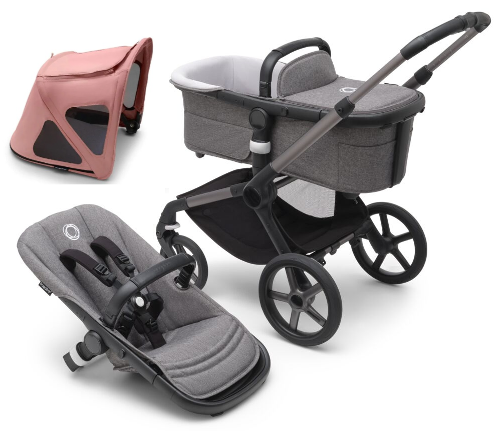 Bugaboo Fox 5 Grey Melange Bērnu rati 2in1 Grafīta rāmis + Jumts Breezy Morning Pink