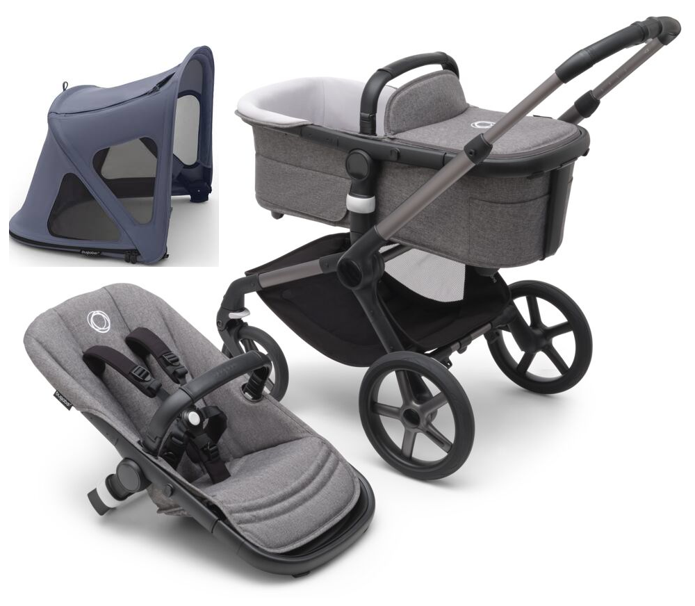 Bugaboo Fox 5 Grey Melange Bērnu rati 2in1 Grafīta rāmis + Jumts Breezy Seaside Blue