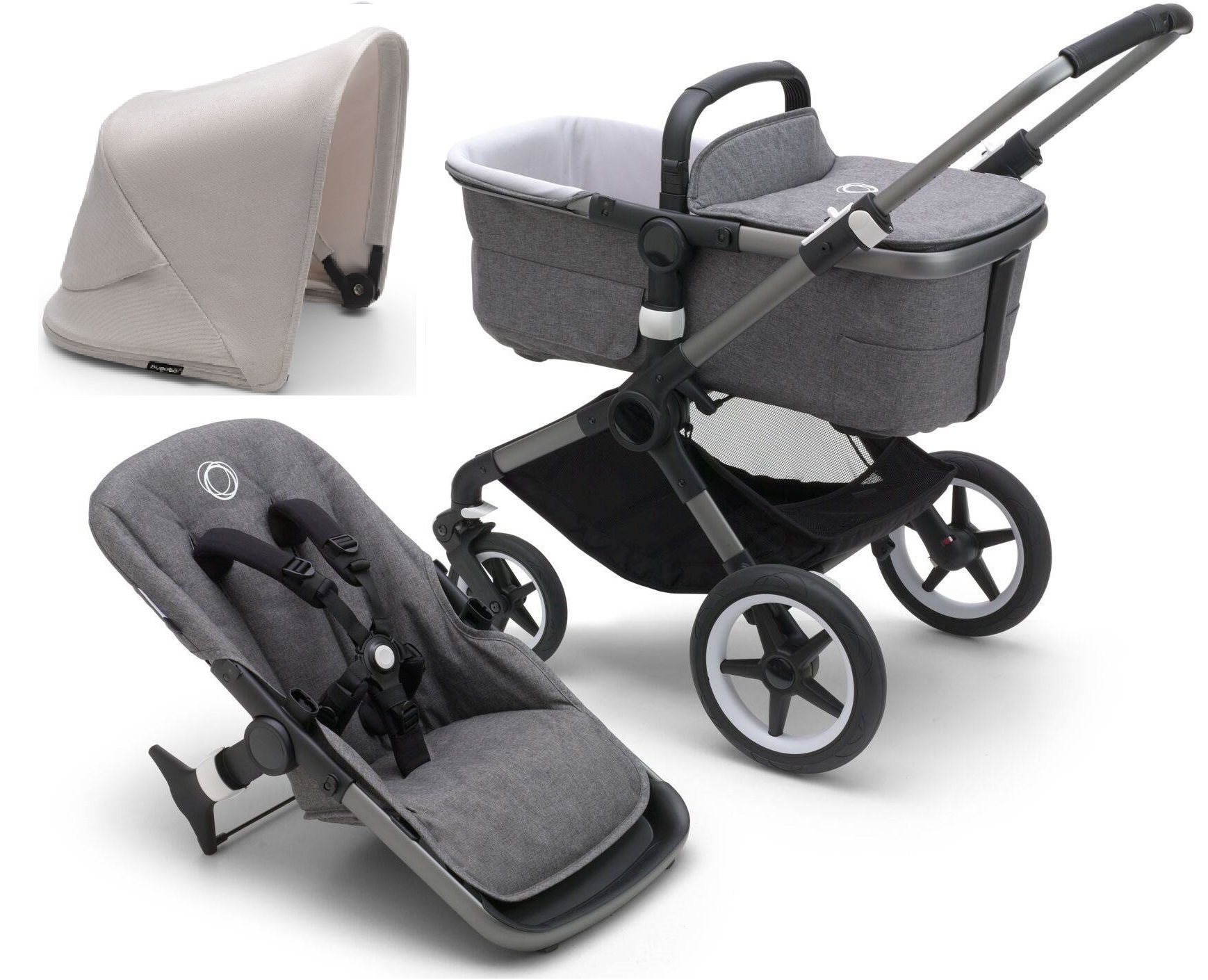 Bugaboo Fox 5 Grey Melange Bērnu rati 2in1 Grafīta rāmis + Jumts Misty White