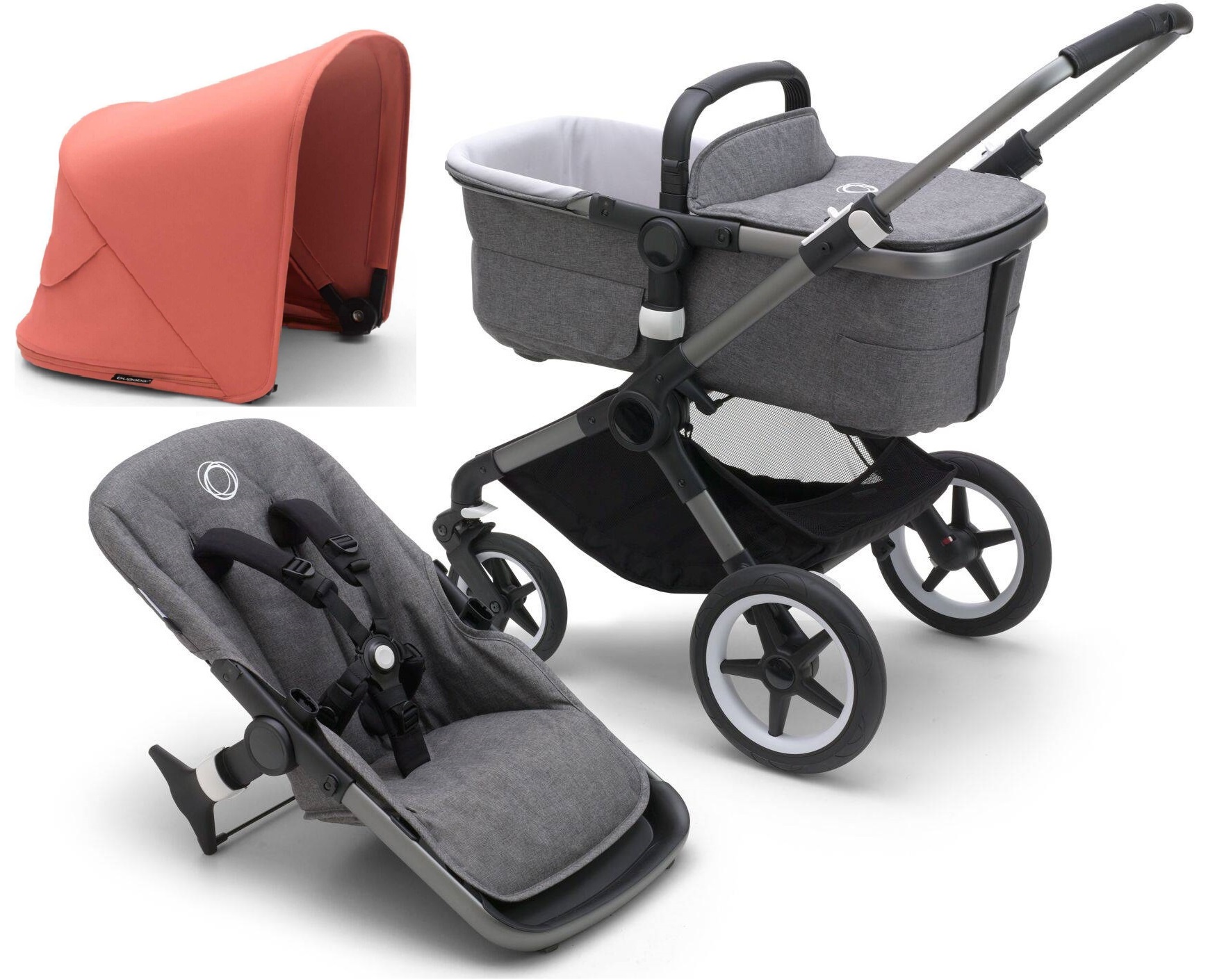 Bugaboo Fox 5 Grey Melange Bērnu rati 2in1 Grafīta rāmis + Jumts Sunrise Red