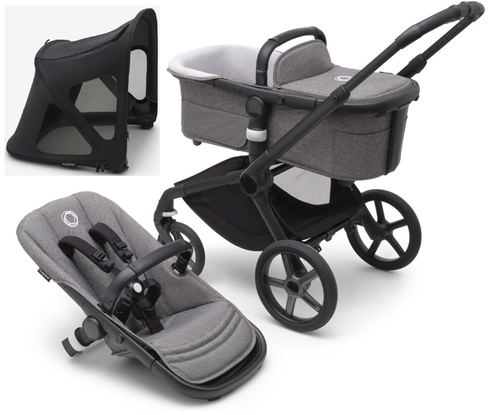 Bugaboo Fox 5 Grey Melange Bērnu rati 2in1 Melns rāmis + Jumts Breezy Midnight black