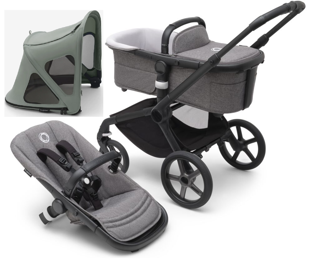 Bugaboo Fox 5 Grey Melange Bērnu rati 2in1 Melns rāmis + Jumts Breezy Pine Green