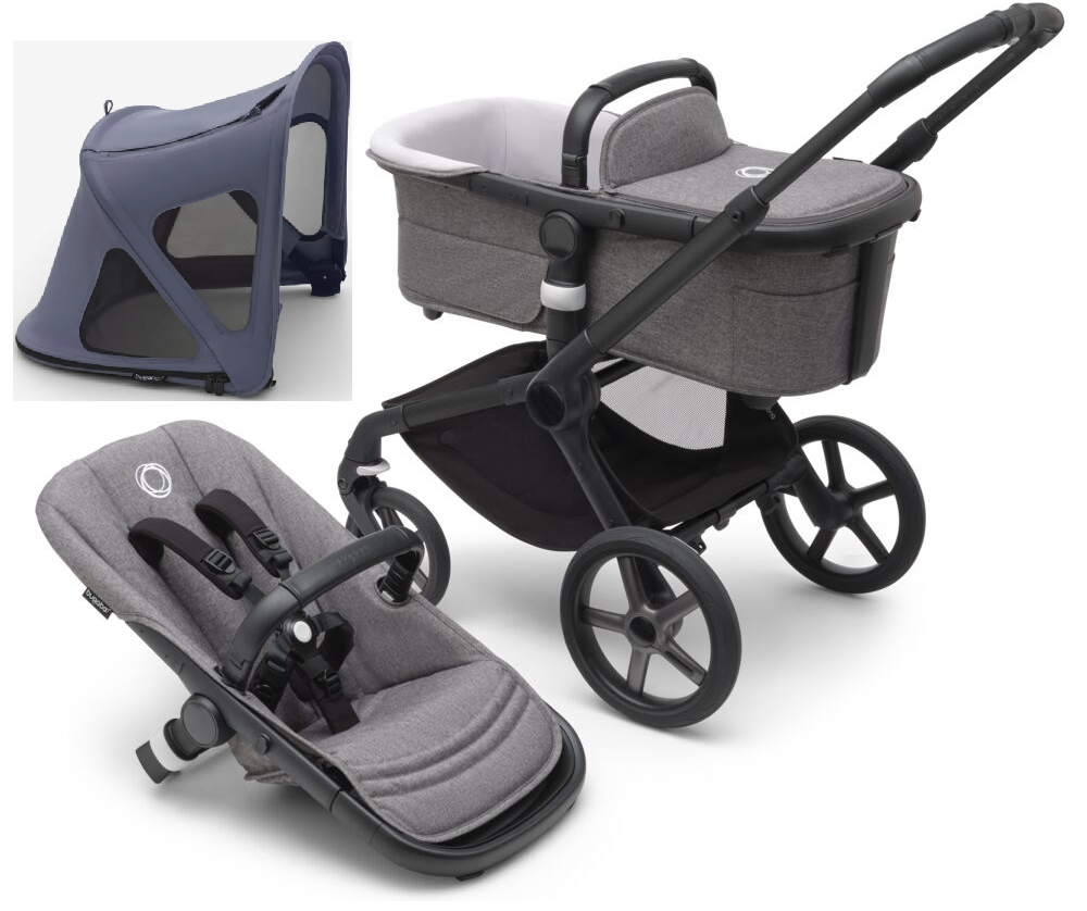 Bugaboo Fox 5 Grey Melange Bērnu rati 2in1 Melns rāmis + Jumts Breezy Seaside blue