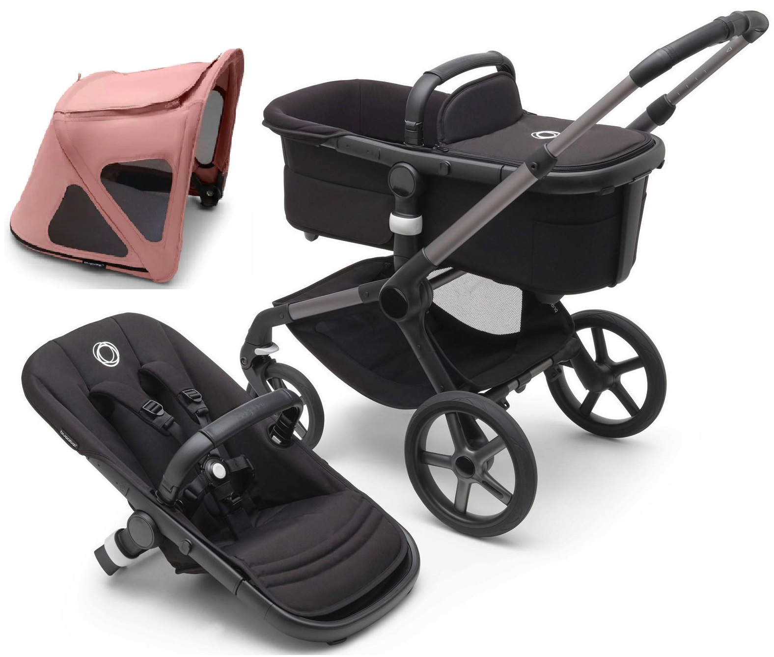 Bugaboo Fox 5 Midnight black Bērnu rati 2in1 Grafīta rāmis + Jumts Breezy V2 Morning Pink