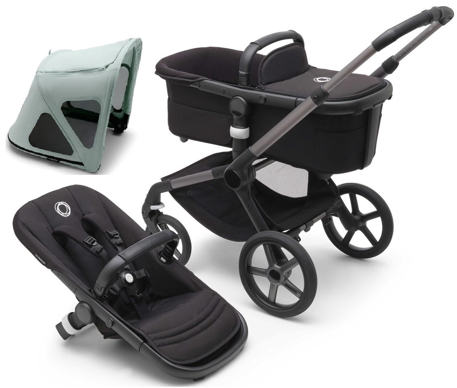 Bugaboo Fox 5 Midnight black Bērnu rati 2in1 Grafīta rāmis + Jumts Breezy V2 Pine Green