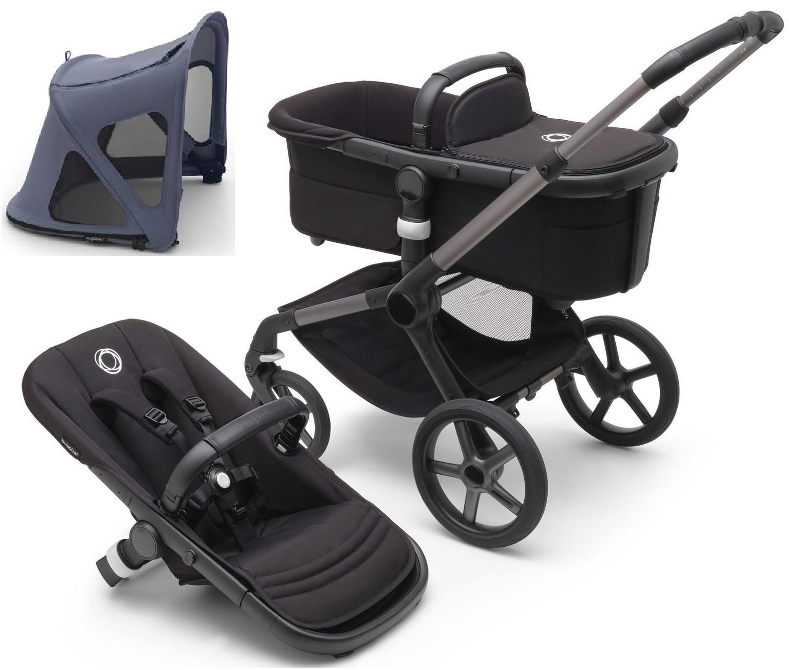 Bugaboo Fox 5 Midnight black Bērnu rati 2in1 Grafīta rāmis + Jumts Breezy V2 Seaside Blue